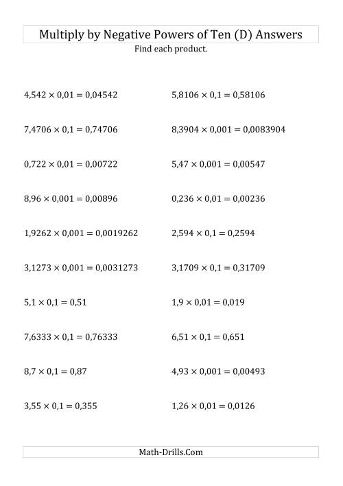 The Multiplying Decimals by Negative Powers of Ten (Standard Form) (D) Math Worksheet Page 2
