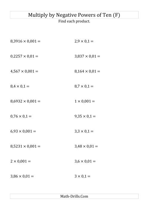 The Multiplying Decimals by Negative Powers of Ten (Standard Form) (F) Math Worksheet