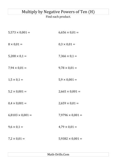 The Multiplying Decimals by Negative Powers of Ten (Standard Form) (H) Math Worksheet