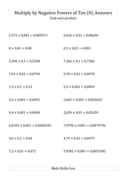 The Multiplying Decimals by Negative Powers of Ten (Standard Form) (H) Math Worksheet Page 2