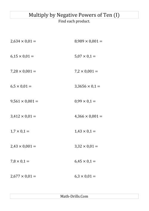 The Multiplying Decimals by Negative Powers of Ten (Standard Form) (I) Math Worksheet
