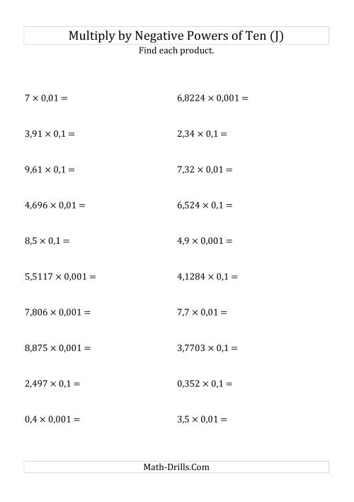 The Multiplying Decimals by Negative Powers of Ten (Standard Form) (J) Math Worksheet