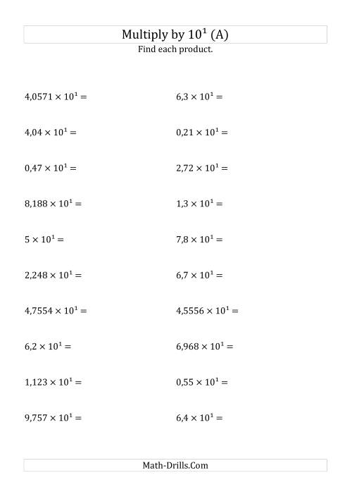 The Multiplying Decimals by 10<sup>1</sup> (A) Math Worksheet