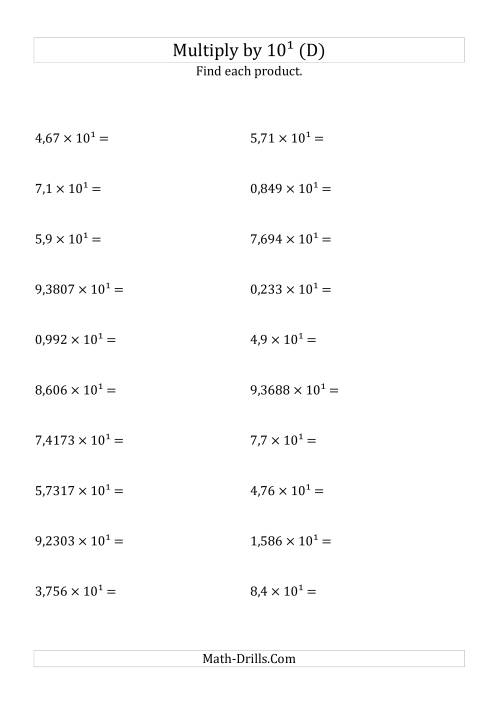 The Multiplying Decimals by 10<sup>1</sup> (D) Math Worksheet