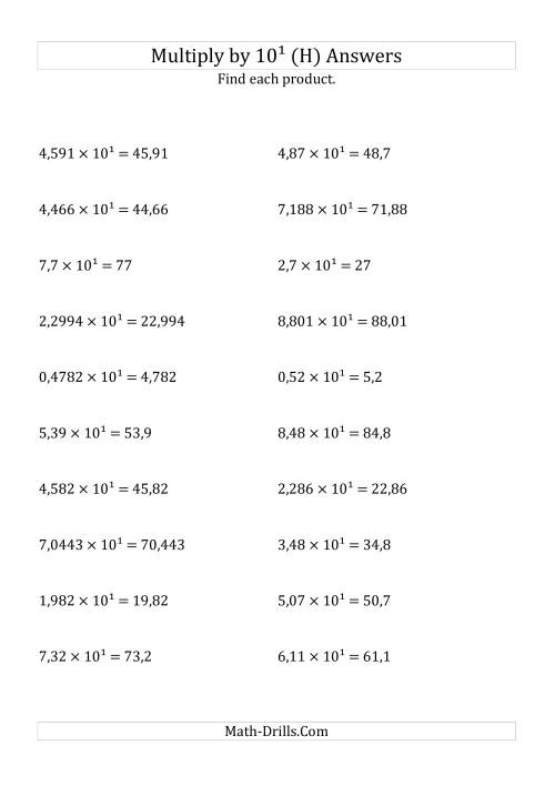 The Multiplying Decimals by 10<sup>1</sup> (H) Math Worksheet Page 2