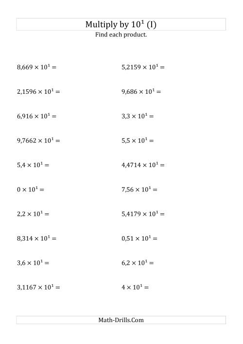The Multiplying Decimals by 10<sup>1</sup> (I) Math Worksheet
