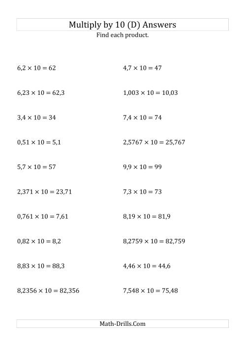 The Multiplying Decimals by 10 (D) Math Worksheet Page 2