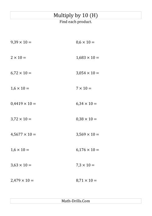 The Multiplying Decimals by 10 (H) Math Worksheet