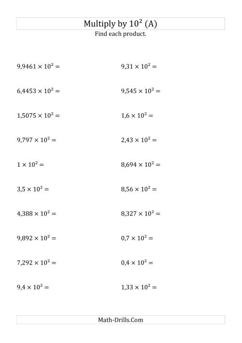 The Multiplying Decimals by 10<sup>2</sup> (A) Math Worksheet