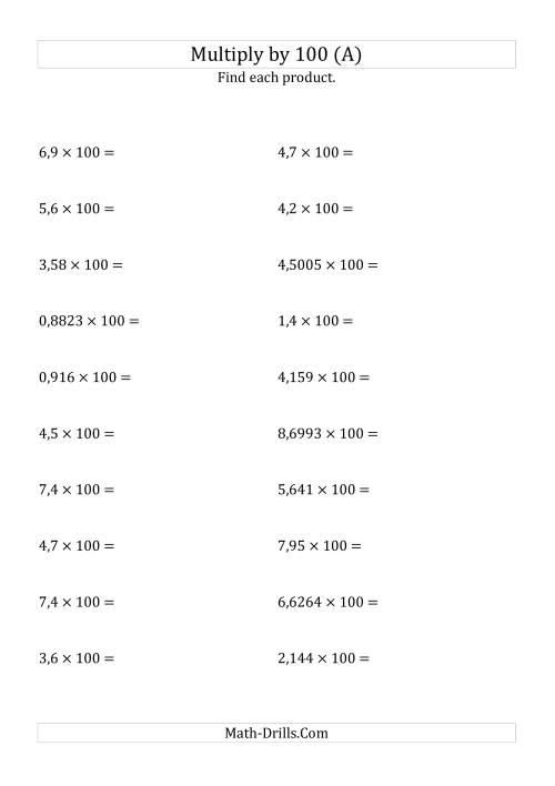 The Multiplying Decimals by 100 (A) Math Worksheet