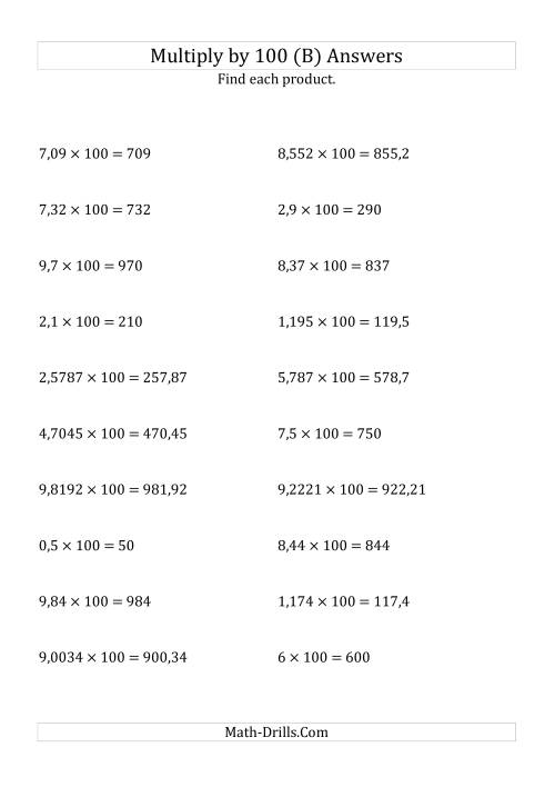 The Multiplying Decimals by 100 (B) Math Worksheet Page 2