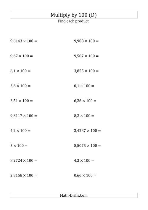 The Multiplying Decimals by 100 (D) Math Worksheet