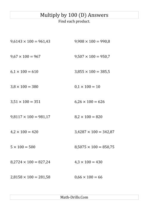 The Multiplying Decimals by 100 (D) Math Worksheet Page 2