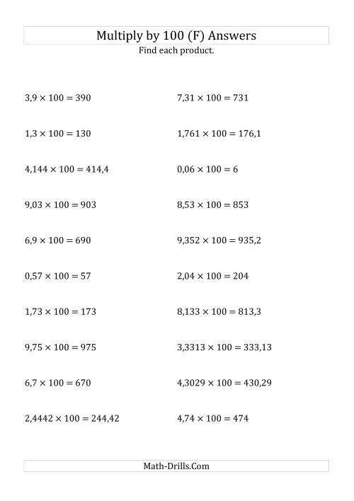 The Multiplying Decimals by 100 (F) Math Worksheet Page 2