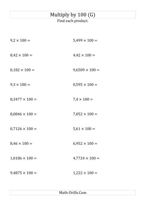 The Multiplying Decimals by 100 (G) Math Worksheet