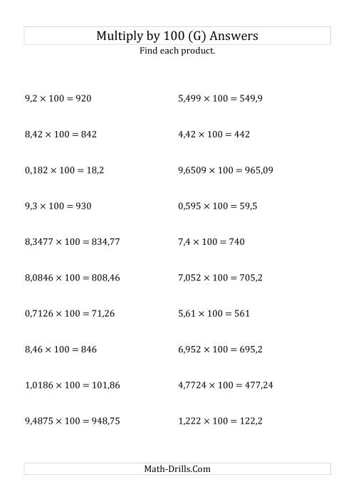 The Multiplying Decimals by 100 (G) Math Worksheet Page 2