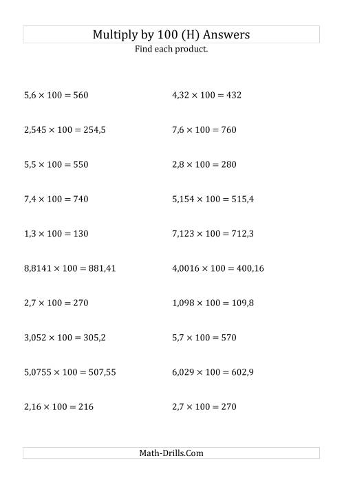 The Multiplying Decimals by 100 (H) Math Worksheet Page 2