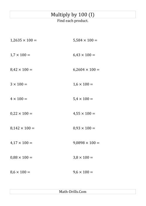The Multiplying Decimals by 100 (I) Math Worksheet