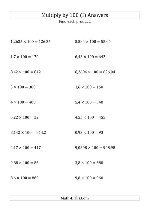 The Multiplying Decimals by 100 (I) Math Worksheet Page 2