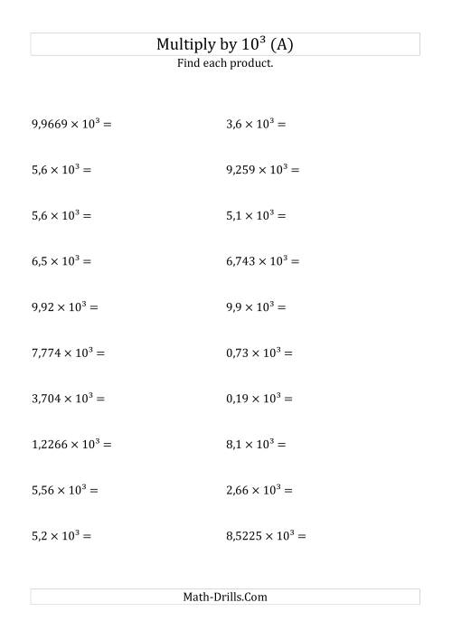 The Multiplying Decimals by 10<sup>3</sup> (A) Math Worksheet