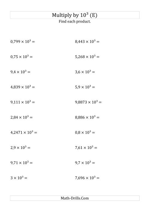 The Multiplying Decimals by 10<sup>3</sup> (E) Math Worksheet