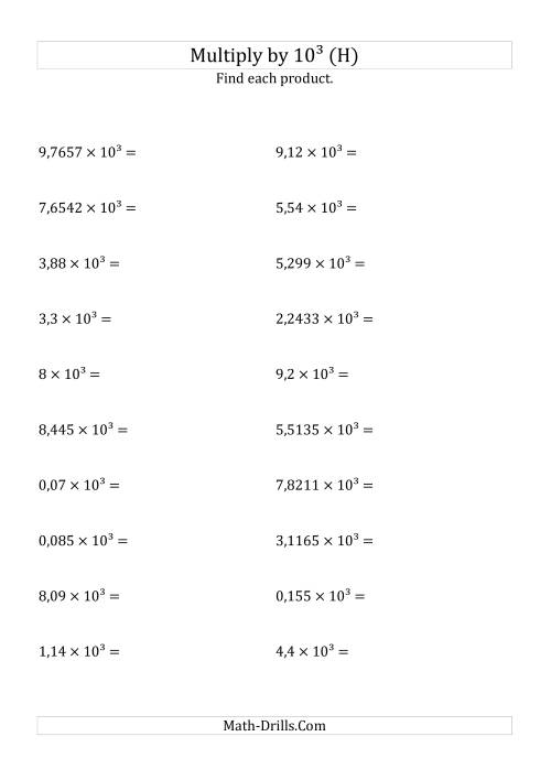 The Multiplying Decimals by 10<sup>3</sup> (H) Math Worksheet