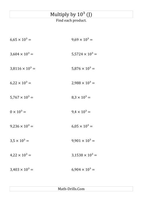 The Multiplying Decimals by 10<sup>3</sup> (J) Math Worksheet
