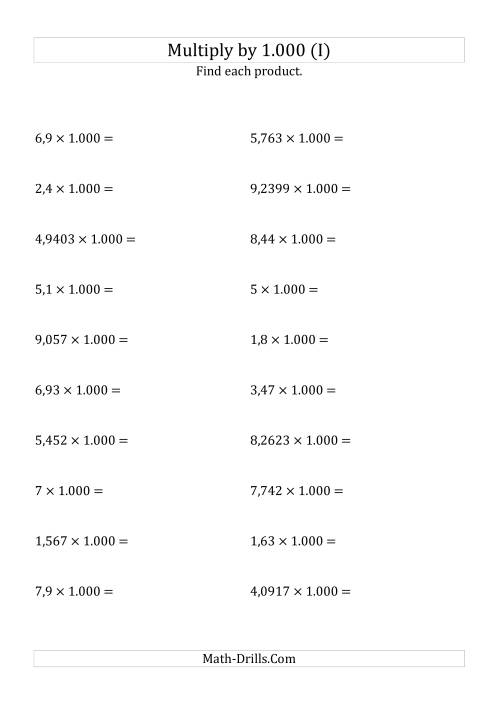 The Multiplying Decimals by 1.000 (I) Math Worksheet