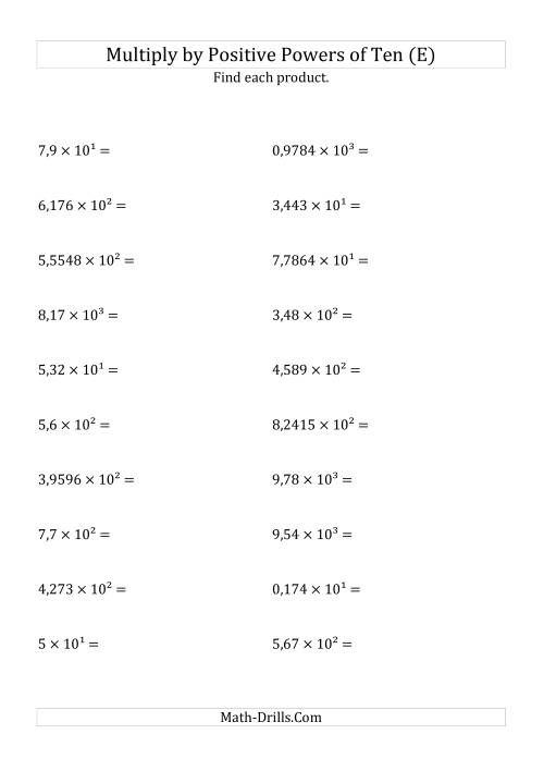 The Multiplying Decimals by Positive Powers of Ten (Exponent Form) (E) Math Worksheet