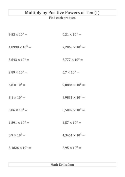 The Multiplying Decimals by Positive Powers of Ten (Exponent Form) (I) Math Worksheet
