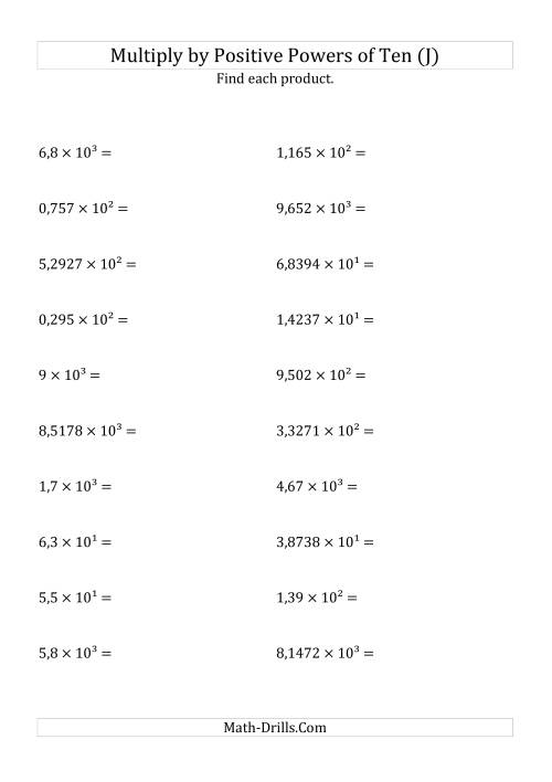 The Multiplying Decimals by Positive Powers of Ten (Exponent Form) (J) Math Worksheet