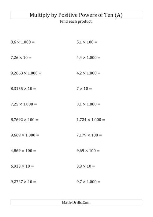 The Multiplying Decimals by Positive Powers of Ten (Standard Form) (A) Math Worksheet