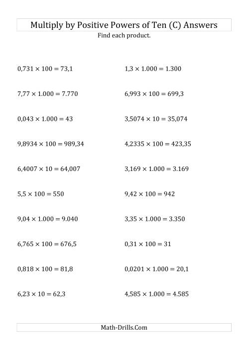 The Multiplying Decimals by Positive Powers of Ten (Standard Form) (C) Math Worksheet Page 2