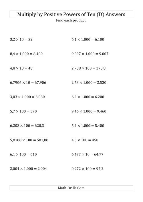 The Multiplying Decimals by Positive Powers of Ten (Standard Form) (D) Math Worksheet Page 2