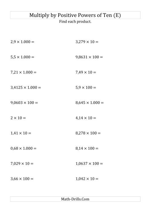 The Multiplying Decimals by Positive Powers of Ten (Standard Form) (E) Math Worksheet