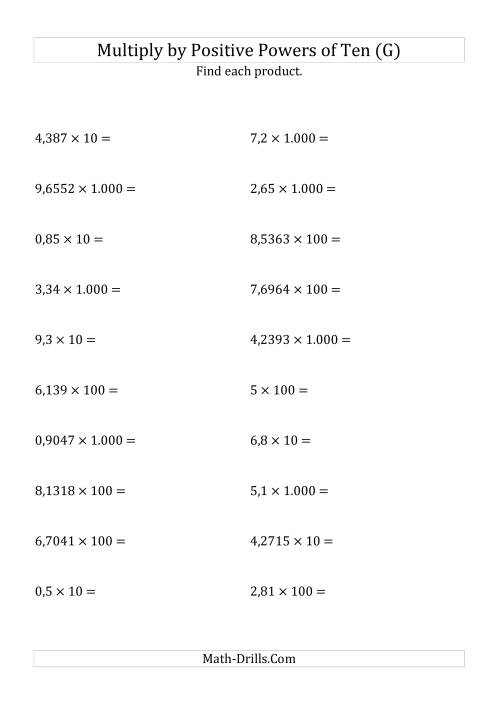 The Multiplying Decimals by Positive Powers of Ten (Standard Form) (G) Math Worksheet