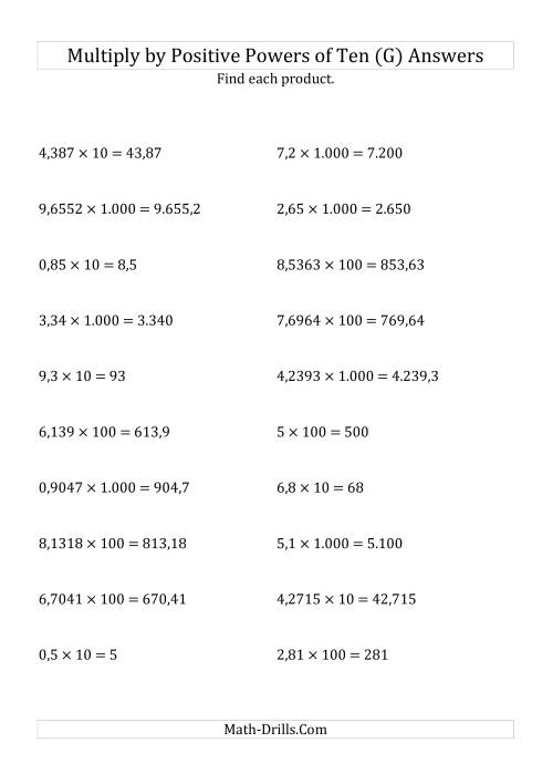 The Multiplying Decimals by Positive Powers of Ten (Standard Form) (G) Math Worksheet Page 2