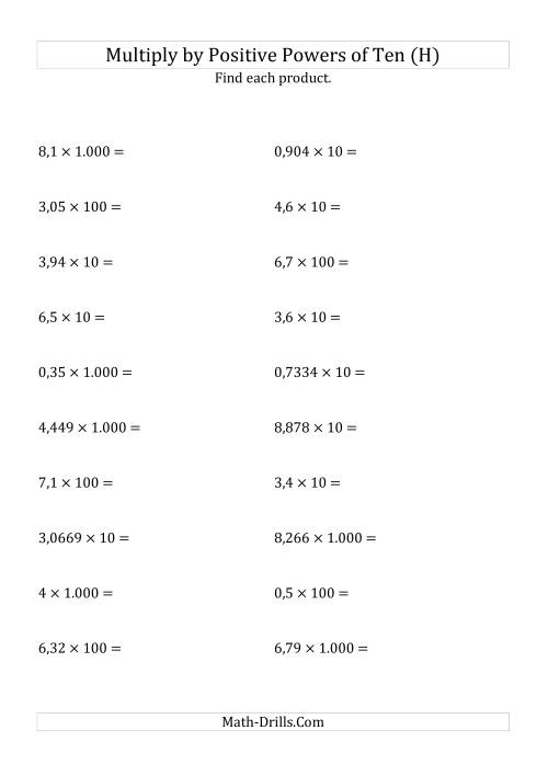 The Multiplying Decimals by Positive Powers of Ten (Standard Form) (H) Math Worksheet