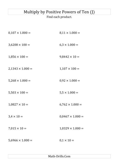 The Multiplying Decimals by Positive Powers of Ten (Standard Form) (J) Math Worksheet