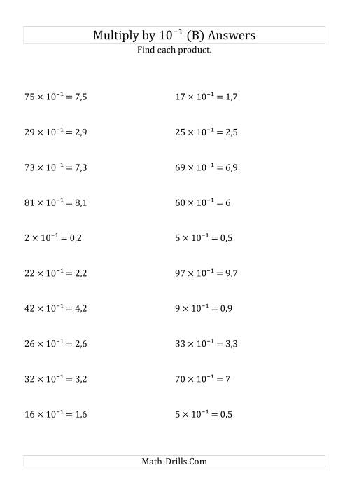 The Multiplying Whole Numbers by 10<sup>-1</sup> (B) Math Worksheet Page 2