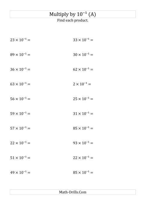 The Multiplying Whole Numbers by 10<sup>-1</sup> (All) Math Worksheet