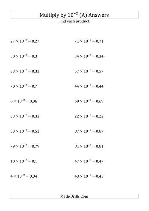 The Multiplying Whole Numbers by 10<sup>-2</sup> (A) Math Worksheet Page 2