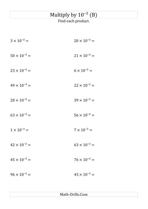 The Multiplying Whole Numbers by 10<sup>-2</sup> (B) Math Worksheet