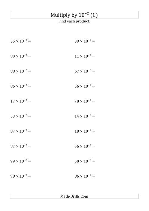 The Multiplying Whole Numbers by 10<sup>-2</sup> (C) Math Worksheet