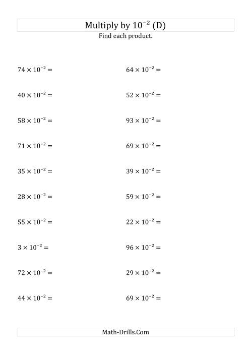 The Multiplying Whole Numbers by 10<sup>-2</sup> (D) Math Worksheet