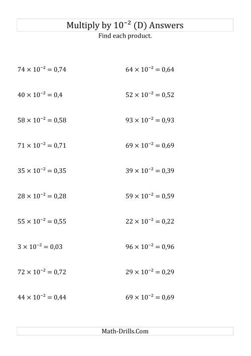 The Multiplying Whole Numbers by 10<sup>-2</sup> (D) Math Worksheet Page 2