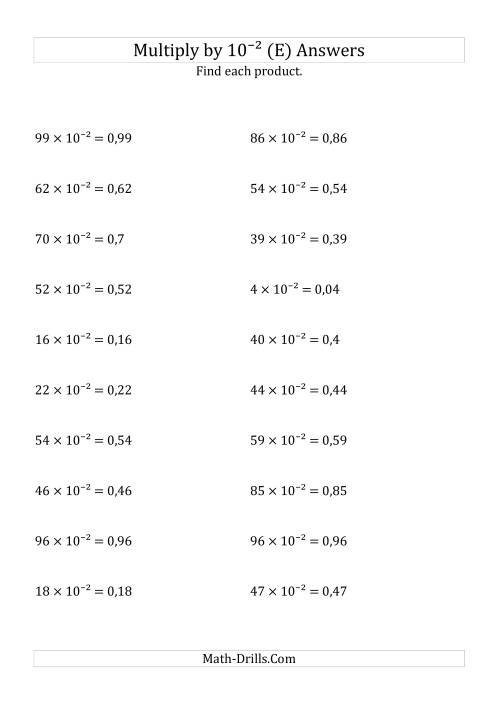 The Multiplying Whole Numbers by 10<sup>-2</sup> (E) Math Worksheet Page 2