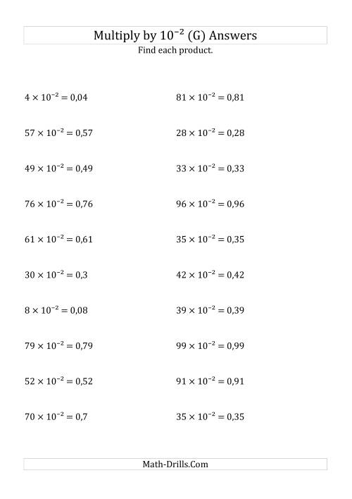 The Multiplying Whole Numbers by 10<sup>-2</sup> (G) Math Worksheet Page 2