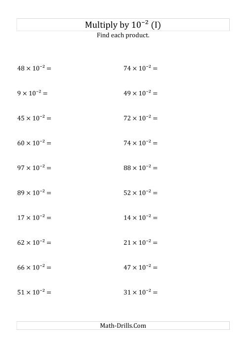 The Multiplying Whole Numbers by 10<sup>-2</sup> (I) Math Worksheet