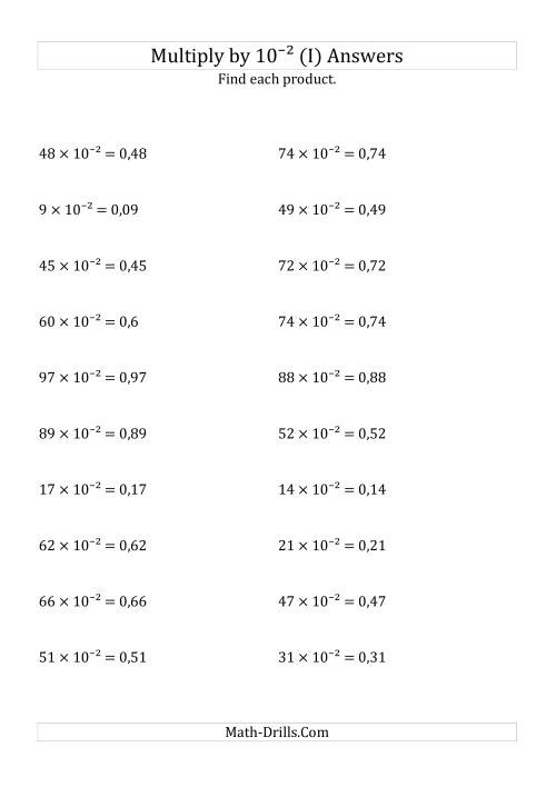 The Multiplying Whole Numbers by 10<sup>-2</sup> (I) Math Worksheet Page 2